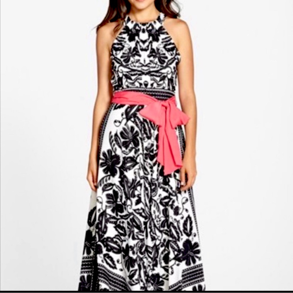 Eliza J Crepe de Chine black and white floral Halter Maxi Dress/Gown